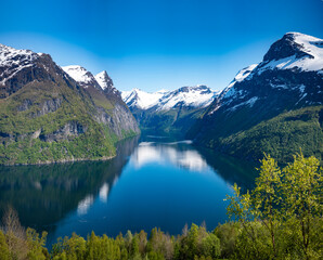 Beautiful view of Norwegian fjord opening, leading to Geiranger
