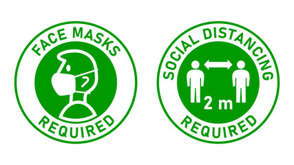 Face Masks Required and Social Distancing Required 2 m or 2 MetresRound Adhesive Sticker or Badge Icons against the Spread of Coronavirus Covid-19. Vector Image.