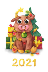 Cute bull with gifts under the Christmas tree. Postcard with the symbol of the new year 2021. Watercolor illustration with a small cow on a white background. Stock holiday print with the animal 
