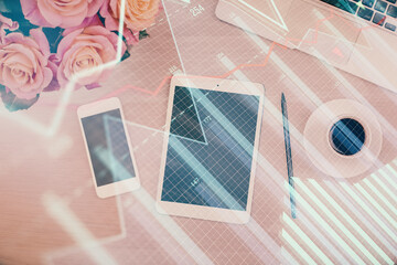 Multi exposure of forex graph hologram over desktop with phone. Top view. Mobile trade platform concept.