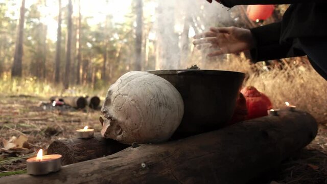 Woman moves her hands over the kettle with smoke standing on the log. Slow motion of girl waving her hands near skull, pumpkins and kettle. Theme of halloween and witchcraft in forest.