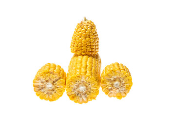 Ear of corn cut into several pieces isolated on white background.