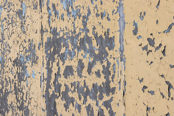 Yellow peeling paint on the wall. Old concrete wall with cracked flaking paint. Weathered rough painted surface with patterns of cracks and peeling. High resolution texture for background and design.