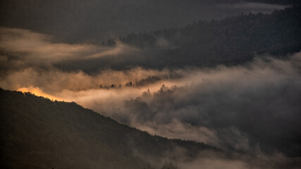 Sunrise over the mountain forest. Bieszczady National Park. Carpathian Mountains. Poland.