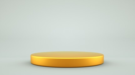 Pedestal of  golden Platform disk display with modern stand podium on white room background. Blank Exhibition stage backdrop or empty product shelf. 3D rendering.