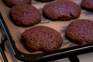 Chocolate chip cookies on a baking sheet