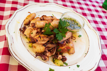 Delicious grilled squids with vegetables on plate