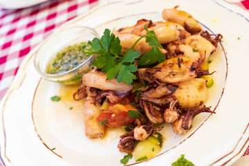 Delicious grilled squids with vegetables on plate