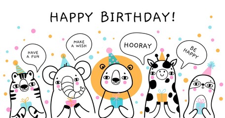 Birthday greeting cards with cute animals. Birthday Funny Jungle party with lion, sloth, tiger, giraffe and elephant  . Vector illustration