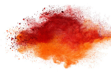 Abstract orange powder explosion isolated on white background.