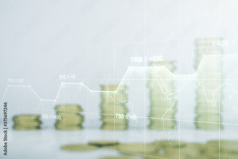 Poster abstract virtual stats data hologram on stacks of coins background. multiexposure