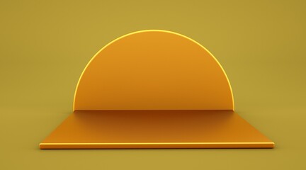Pedestal of  golden Platform disk display with modern stand podium on yellow room background. Blank Exhibition stage backdrop or empty product shelf. 3D rendering.
