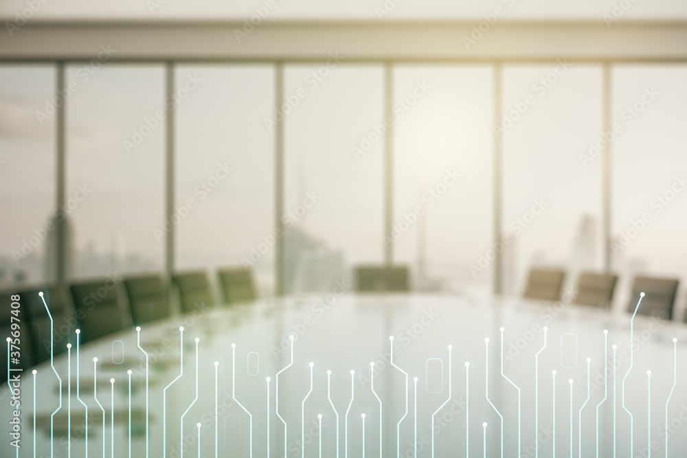 Poster Abstract virtual micro circuit sketch on a modern boardroom background, future technology and AI concept. Double exposure