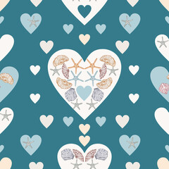 Romantic seamless pattern big hearts and hand drawn marine items on a green background.