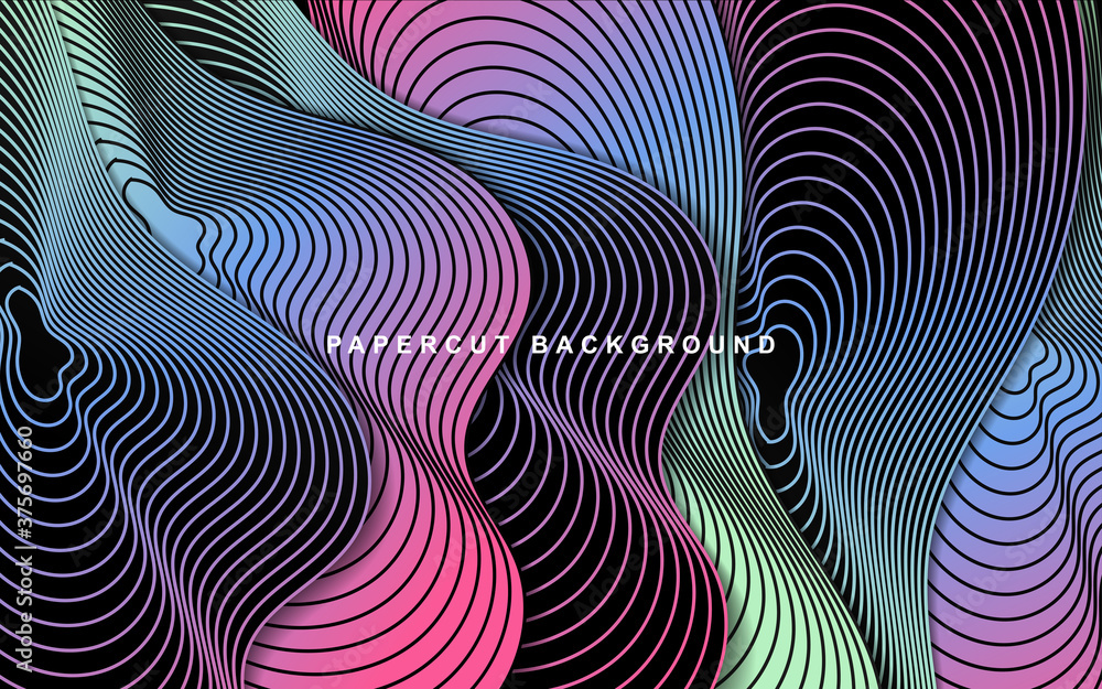 Poster abstract wave paper art background with black and gradient color. modern gradient shape 3d cut out e