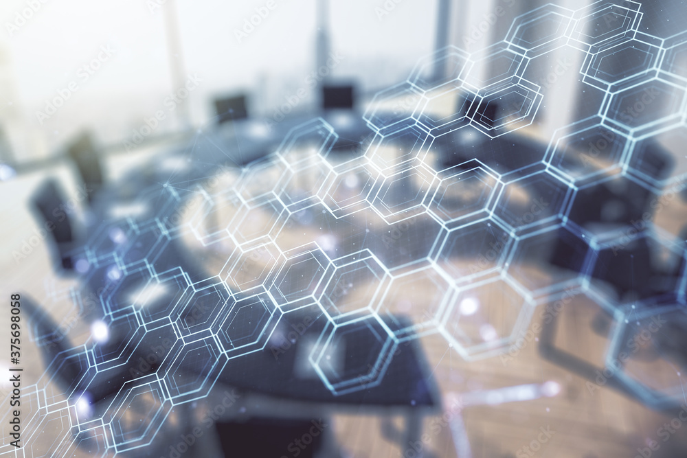 Aufkleber Abstract virtual wireless technology hologram with hexagon on a modern coworking room background, artificial intelligence and machine learning concept. Multi exposure