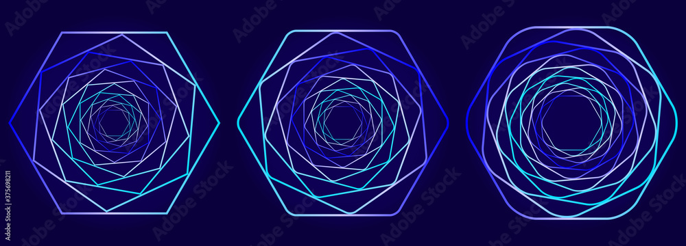 Poster set of swirling symbols. optical illusion. twisted structure. 3d wireframe abstract tunnel. vector i