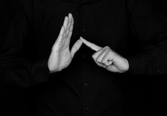 mannequin and black and white photography demonstrating sign language using hands