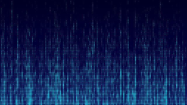 Matrix background. Falling particles. Matrix glitch. Cybernetic futuristic background. Big data. Virus. Corrupted code. Blue dots. Music wave. Vector illustration.