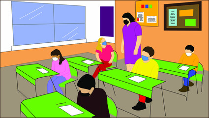 Niños en su aula, aprendiendo de su maestro, con todos los estándares de bio seguridad, respetando el aislamiento
