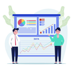 Business people standing explaining information graphic to diagram charts. Flat design vector illustration