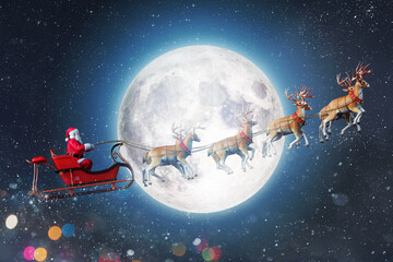 Santa claus in a sleigh ready to deliver presents with sleigh - obrazy, fototapety, plakaty