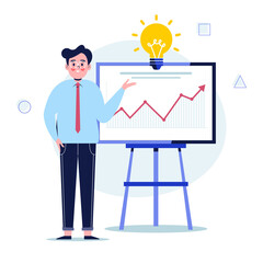 Man standing near flip chart and pointing graph. Flat design vector illustration