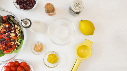 Fototapeta na wymiar Honey mustard salad dressing recipe. Ingredients close up on kitchen table
