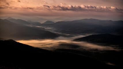 Sunrise over the mountain forest. Bieszczady National Park. Carpathian Mountains. Poland.