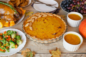 Thanksgiving celebration traditional dinner concept. traditional homemade pumpkin pie for the fall holiday.