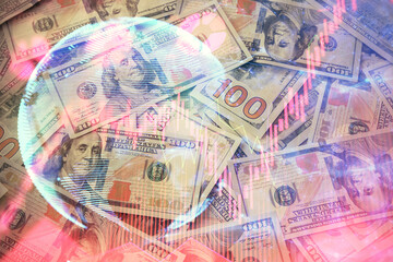 Multi exposure of business theme drawing over us dollars bill background. Concept of financial success.