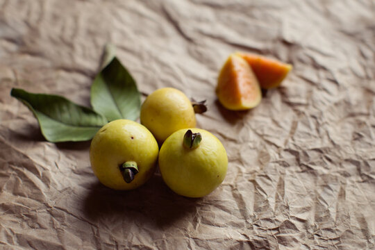 Guava fruit on a brown paper bag background