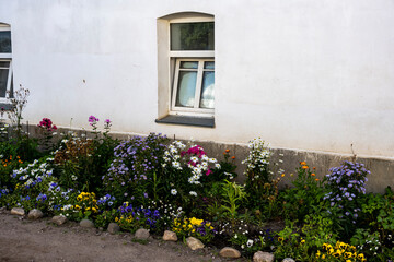 window of an old house with flowers on the windowsill