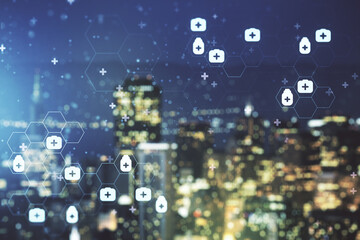 Double exposure of abstract virtual medical hologram on blurry cityscape background. Healthcare technolody concept