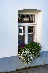 Fototapeta na wymiar window of an old house with flowers on the windowsill