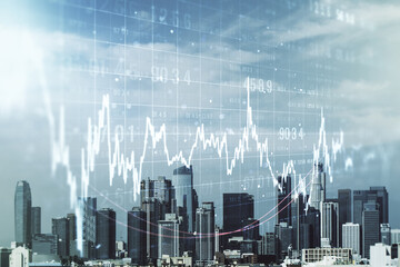 Fototapeta na wymiar Multi exposure of abstract virtual financial graph hologram on Los Angeles skyline background, forex and investment concept