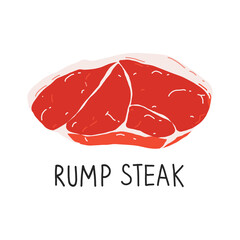 Raw rump steak isolated, uncooked meat, beef cut icon, realistic food illustration, vector art isolated on white backgroound, good for butcher shop.