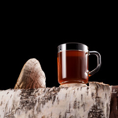 Mug with chaga tea or chaga coffee on a dark background with copy space. Natural organic drink....