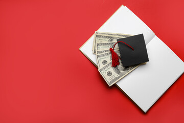 Graduation hat, money and notebook on color background. Tuition fees concept