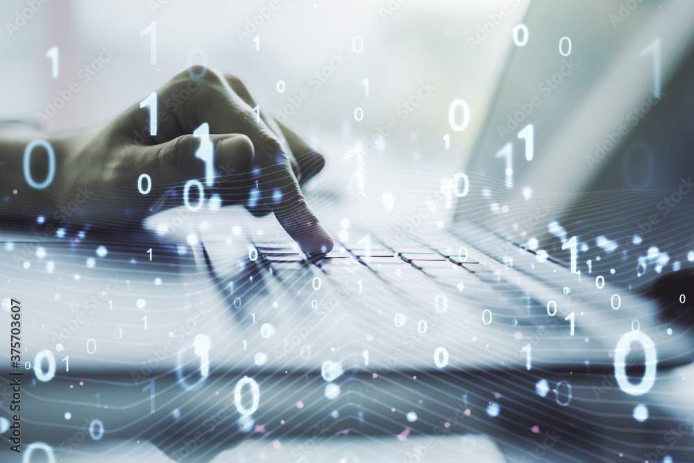 Poster creative concept of binary code illustration and hands typing on laptop on background. big data and 