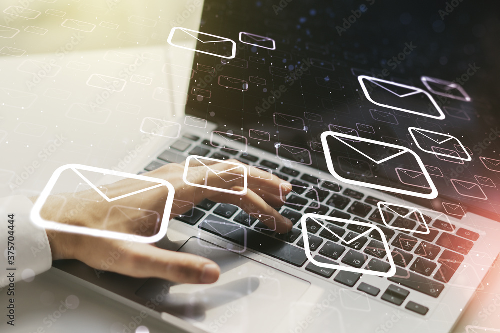 Poster creative abstract postal envelopes sketch with hands typing on computer keyboard on background, e-ma