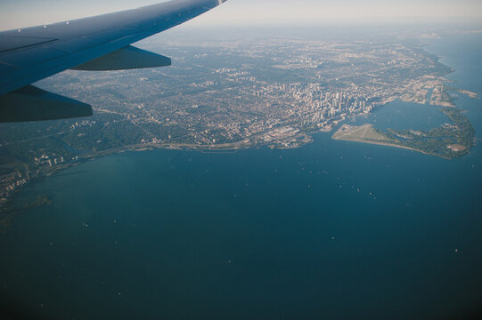 Sail boats on Lake Ontario in Toronto viewed from Airplane Window