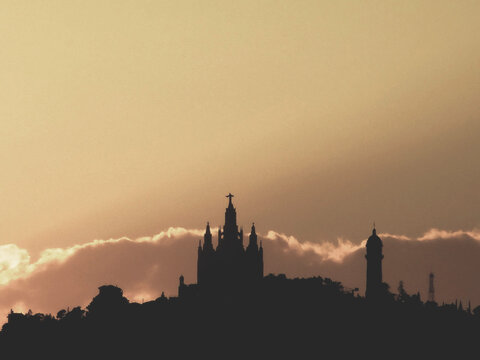 Sunset over Barcelona landmark Sagrat Cor