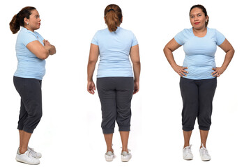 same woman with sportswear on white background, front and back and side view
