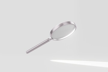 Beam of light passes through a magnifying glass. Zoom lens magnifier on a white background. Magnifying equipment instrument, magnifier loupe. 3d render