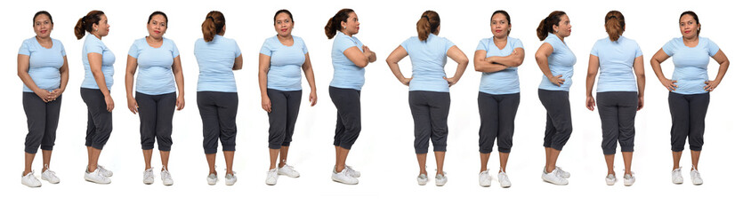 large group of same woman with sportswear on white background, back,side and rear  view