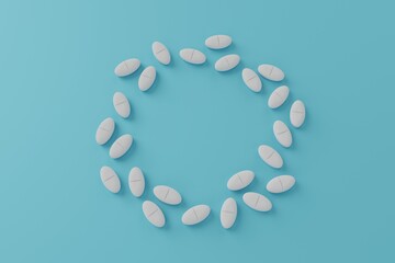 White pills form a circle on the blue table. Medical, pharmacy and healthcare concept. Copy space. Empty place for text. 3d render