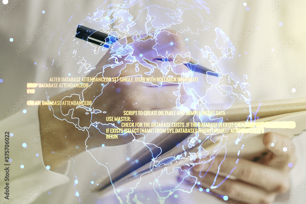 Poster multi exposure of abstract software development hologram with world map and man hand writing in note