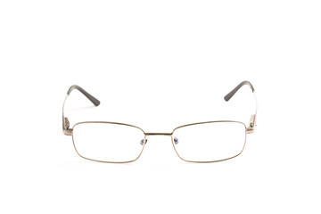 Metal framed glasses on white background.