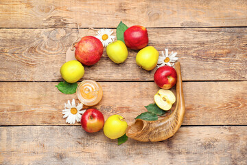 Composition for Rosh Hashanah (Jewish New Year) on wooden background